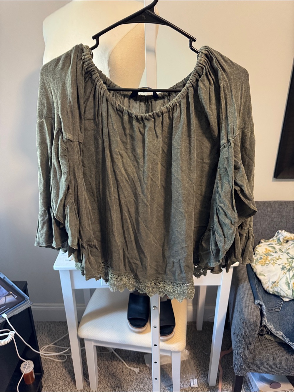 Blue Rain Olive Green Off-Shoulder Lace-Hem Tunic